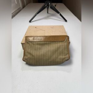 Fendi Vintage Pequin Striped Vinyl Canvas Small Cosmetic Bag Brown